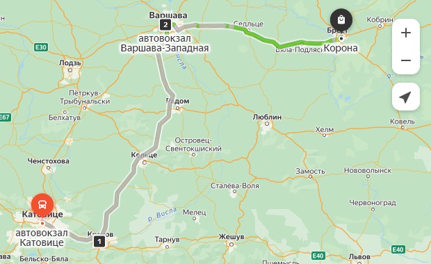 маршрут автобуса Катовице – Брест