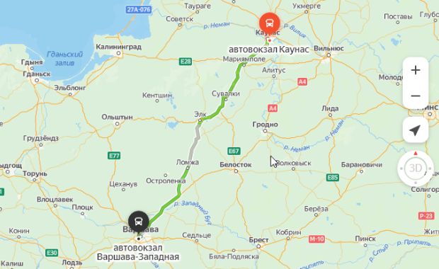 маршрут автобуса Каунас - Варшава