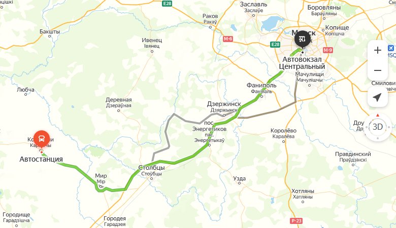 маршрут автобуса Кореличи - Минск