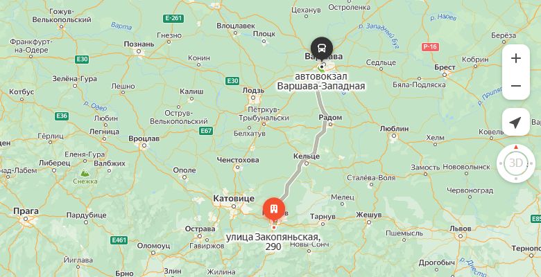 маршрут автобуса Краков - Варшава