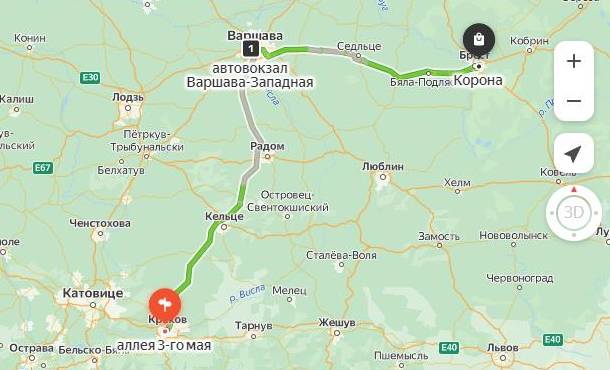 маршрут автобуса Краков - Брест