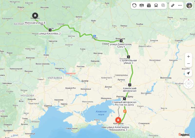 Краснодар - Бобруйск карта