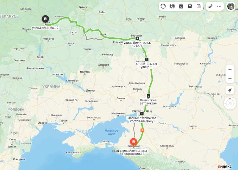 маршрут автобуса Гомель — Краснода