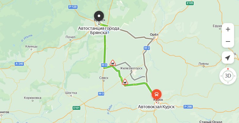 маршрут автобуса Курск - Брянск
