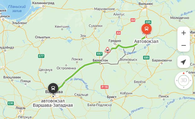 маршрут автобуса Лида – Варшава