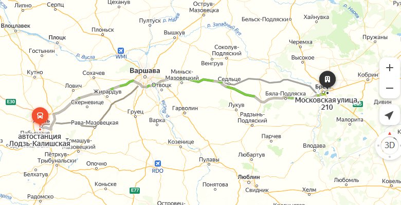 маршрут автобуса Лодзь - Брест
