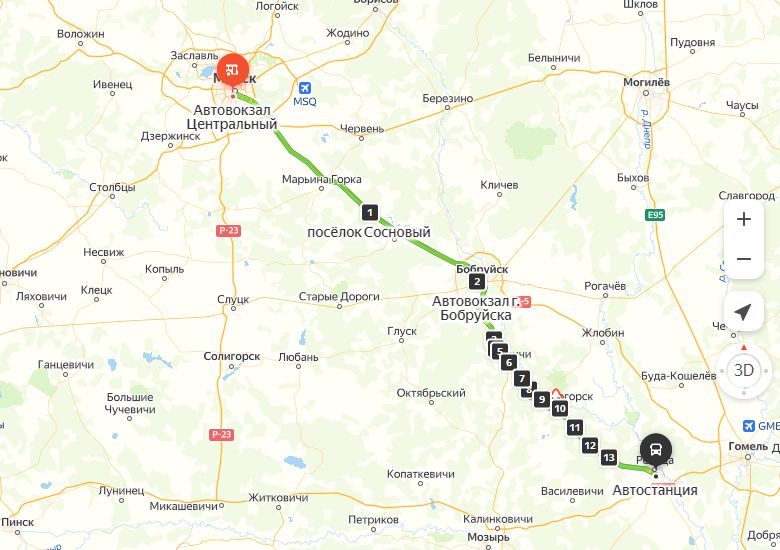 маршрут автобуса Минск - Речица