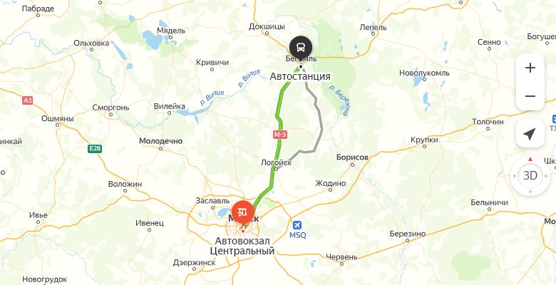 маршрут автобуса Минск - Бегомль