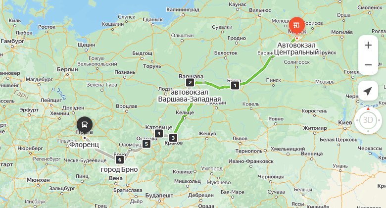маршрут автобуса Минск - Брно