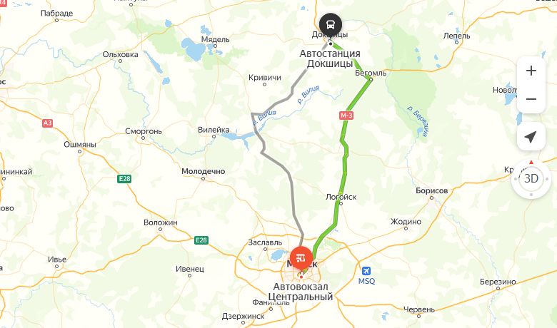 маршрут автобуса Минск - Докшицы