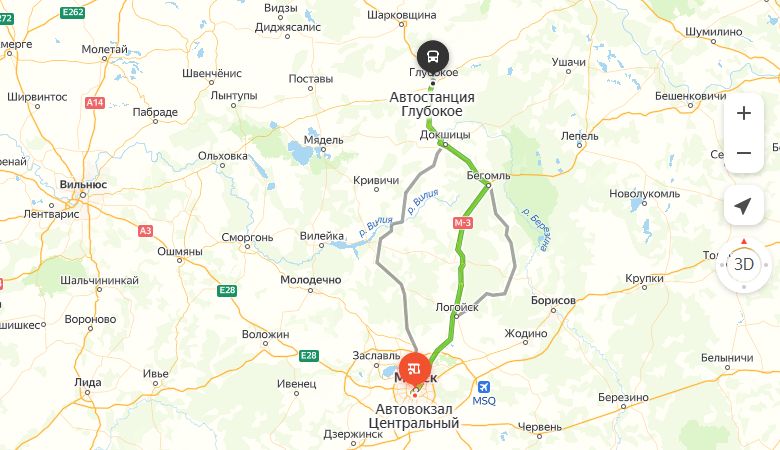 маршрут автобуса Минск - Глубокое