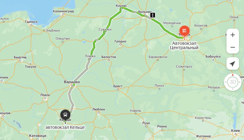 маршрут автобуса Минск - Кельце