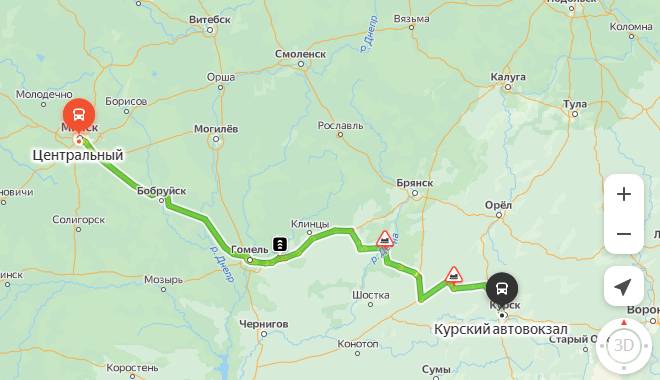маршрут автобуса Минск - Курск