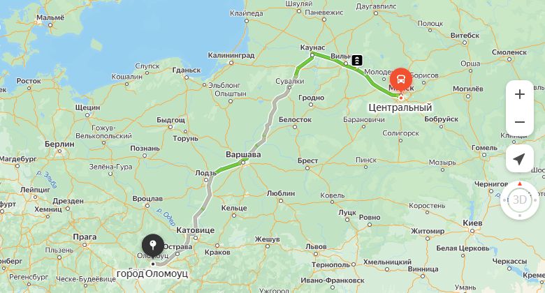 маршрут автобуса Минск - Оломоуц