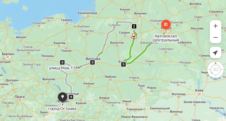 маршрут автобуса Минск - Острава