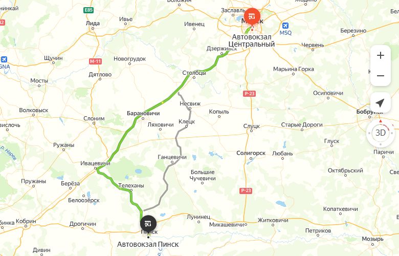 маршрут автобуса Минск - Пинск
