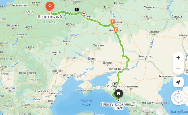 маршрут автобуса Минск - Сочи