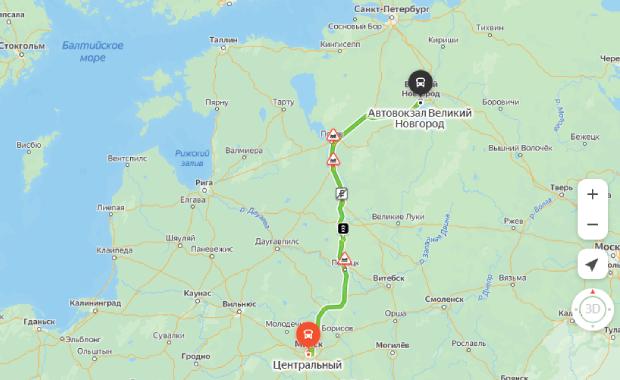 маршрут автобуса Минск - Великий Новгород