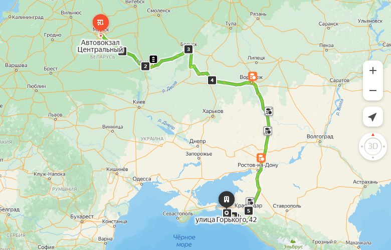 маршрут автобуса Минск - Витязево