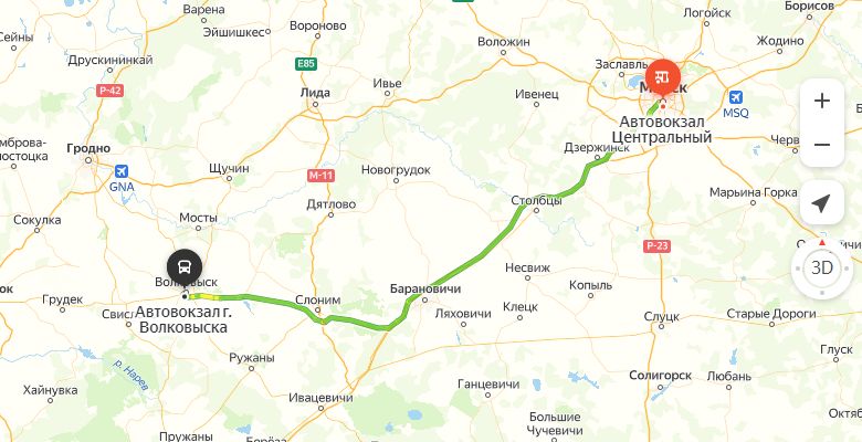 маршрут автобуса Минск - Волковыск