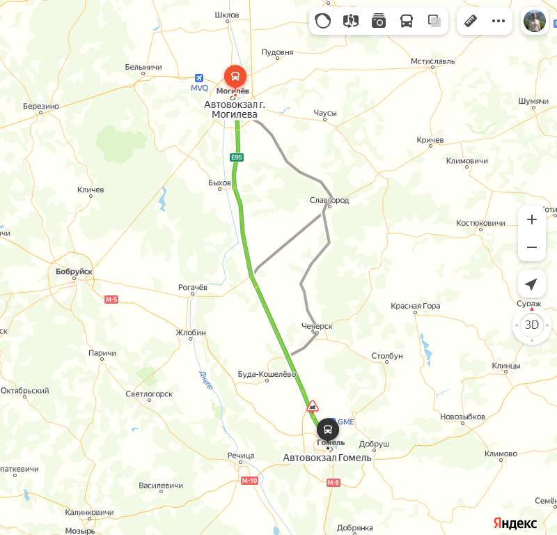 маршрут автобуса Могилёв - Гомель
