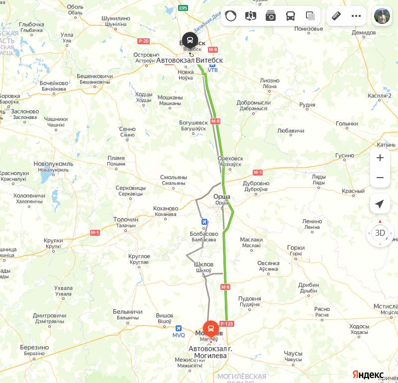 маршрут автобуса Могилёв - Витебск