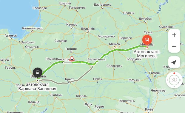 маршрут автобуса Могилёв - Варшава