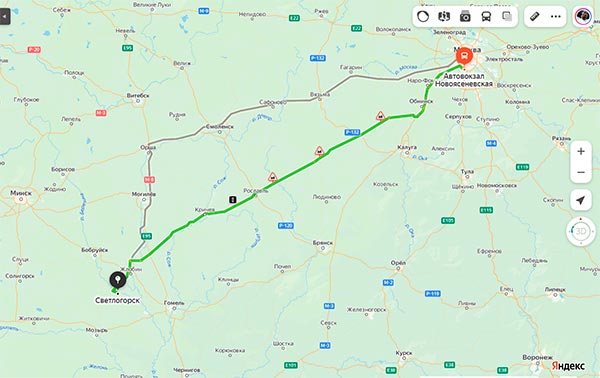 маршрут автобуса Москва Светлогорск