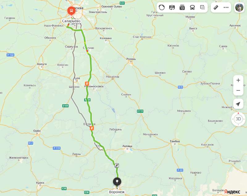 Москва - Воронеж карта