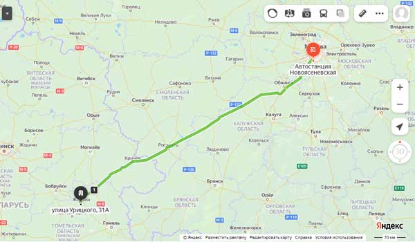 маршрут автобуса Москва - Жлобин
