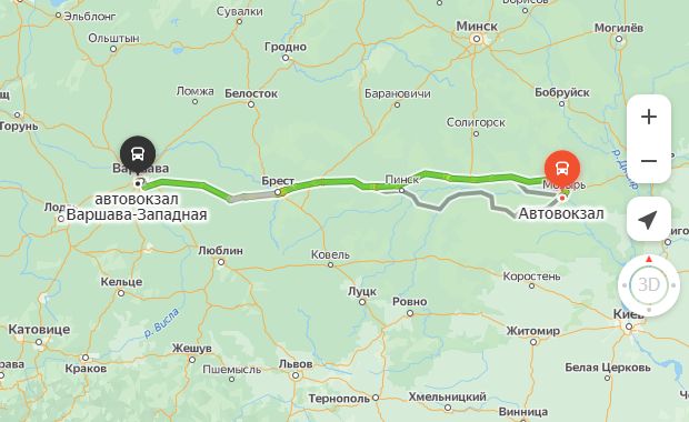 маршрут автобуса Мозырь - Варшава