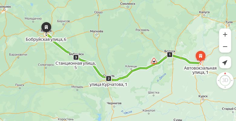 маршрут автобуса Орел - Минск