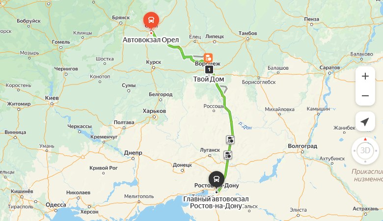 маршрут автобуса Орёл – Ростов-на-Дону