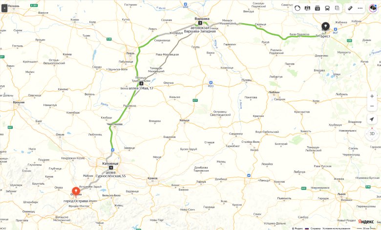 маршрут автобуса Острава — Брест