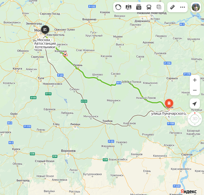 Пенза - Москва карта