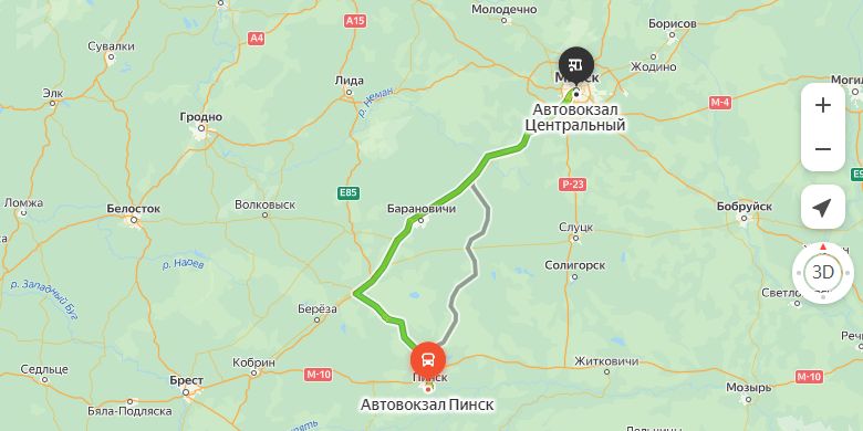 маршрут автобуса Пинск - Минск