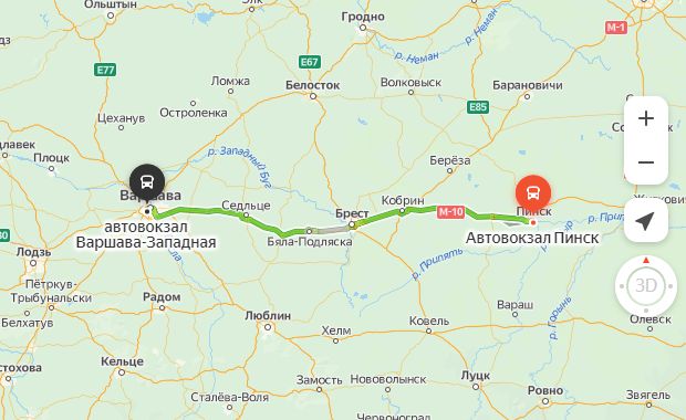 маршрут автобуса Пинск - Варшава