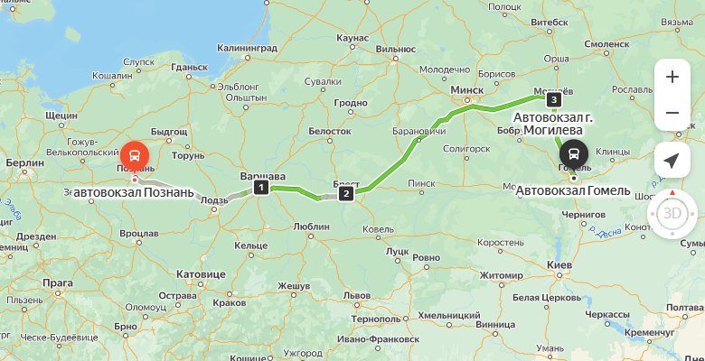 маршрут автобуса Познань - Гомель