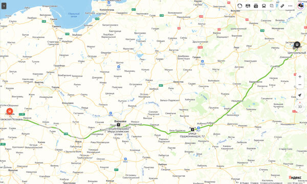 маршрут автобуса Познань - Минск