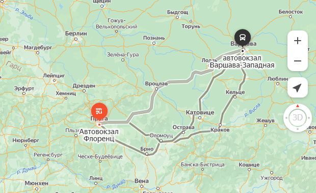 маршрут автобуса Прага – Варшава