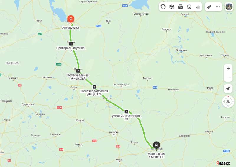 маршрут автобуса Псков — Смоленск