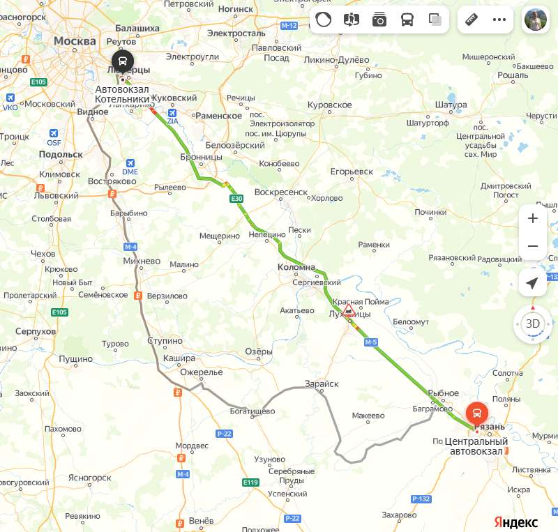 Рязань - Москва карта