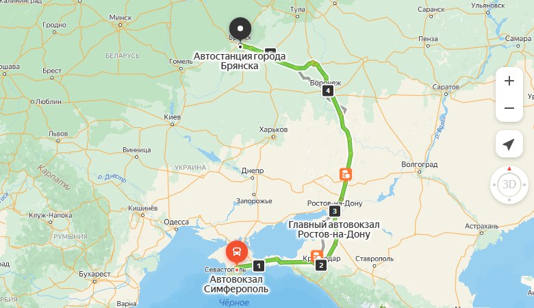 маршрут автобуса Симферополь - Брянск
