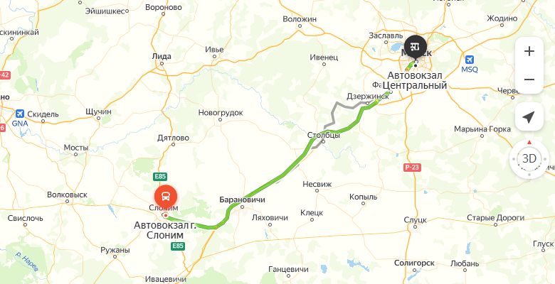 маршрут автобуса Слоним - Минск