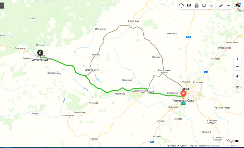 маршрут автобуса Орёл - Карачев