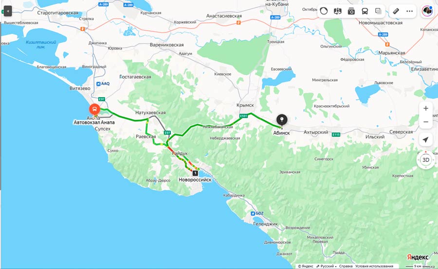 маршрут автобуса Анапа – Абинск