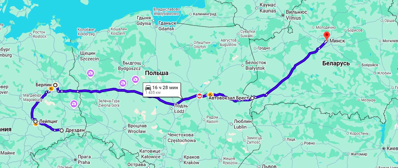 Карта маршрута автобус Дрезден Минск