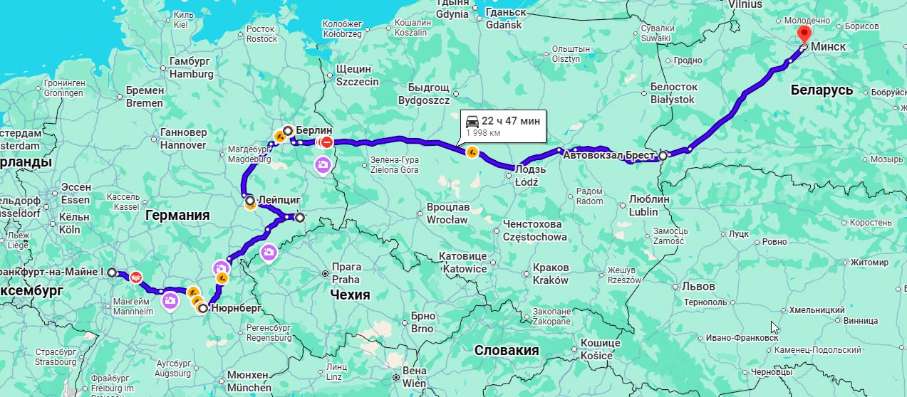 Карта маршрута автобус Франкфурт Минск