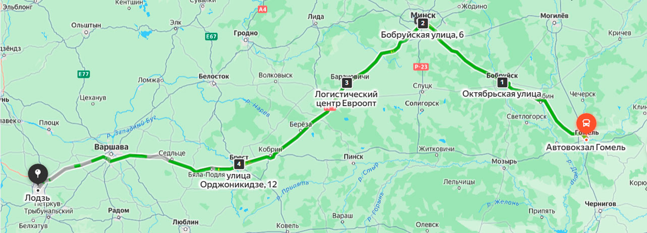 маршрут автобуса Гомель – Лодзь