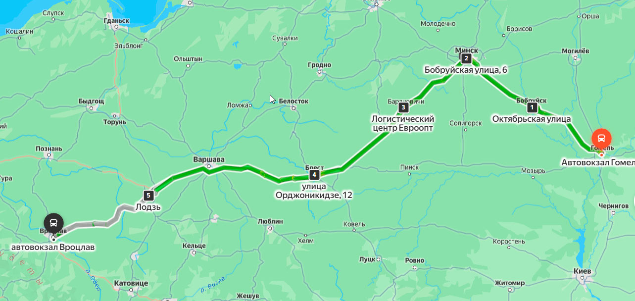 маршрут автобуса Гомель – Вроцлав